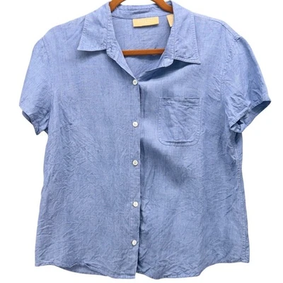 Kate Hill Womens Button Up Blouse Size Large Linen Short Sleeve Blue Blouse — 第 1/4 张图片