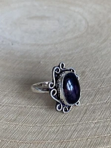 Natural Oval Amethyst Ring Size N Sterling Silver 925 Plated Purple Flower Boho - Picture 1 of 3