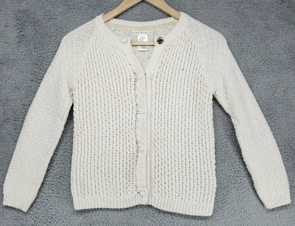Max Studio Cardigan Sweater Girls 7-8 Ivory Cable Knit Button Front - Image 1 of 4