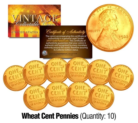 Lincoln Head 1930's WHEAT Cent Penny U.S. Coins 24K GOLD PLATED (Lot of 10) Cover
