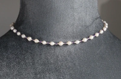 WHITE FRESHWATER PEARLS WITH AMETHYST ~ 925 STIRLING SILVER 17" - Image 1 of 2