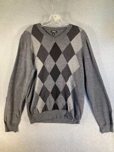 APT. 9 Sweater Men's Medium Gray Argyle Merino Wool Blend Pullover V Neck - Picture 1 of 12