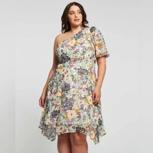 ESTELLE Women's 3X Wildbloom Midi Dress Floral One shoulder Short Puff Sleeves - Picture 1 of 8