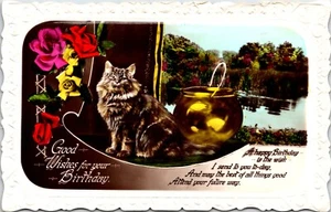 BIRTHDAY - Cat, Roses, and Gold Fish, Birthday Wishes, Colorized RPPC Postcard - Picture 1 of 2