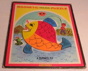 Vintage Rare Playskool Inlaid Plastic Magnetic Puzzle Complete Fish Fishing 7 pc - Picture 1 of 9