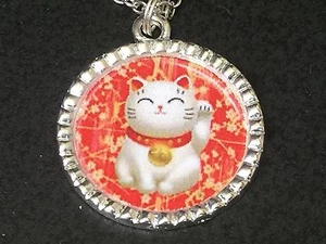 Maneki Neko Money Lucky Cat Red Good Luck Charm Tibetan Silver 18" Necklace BIN - Picture 1 of 2