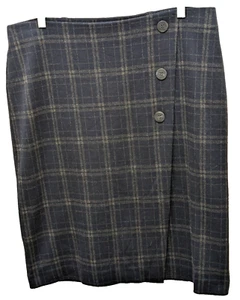 j jill Skirt Medium  Navy Tan Plaid  Faux Wrap  Preppy  College Office  Gteat - Picture 1 of 10