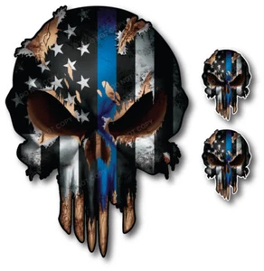 3 Thin Blue Line Skull Decal Sticker Car Truck Police Cop Lives Matter Window - Bild 1 von 6
