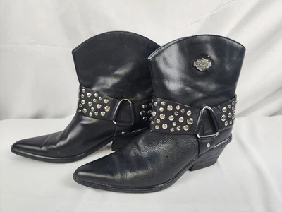 Women's HARLEY DAVIDSON black leather western BOOTS cowboy ankle studs Size 8.5 - Image 1 of 4