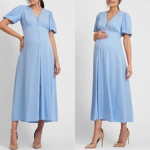 Seraphine Puffärmel Knopfleiste blau Umstands-Midikleid Gr. 4 Lyocell zum Binden - Bild 1 von 9