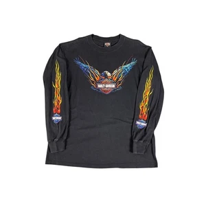 Y2K Harley Davidson Yellowstone Long Sleeve T-Shirt Mens XL Eagle Flames Biker - Picture 1 of 8