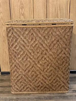 Vintage Wicker Laundry Hamper with Hinged Lid – Rectangular Clothes Basket - Image 1 of 4