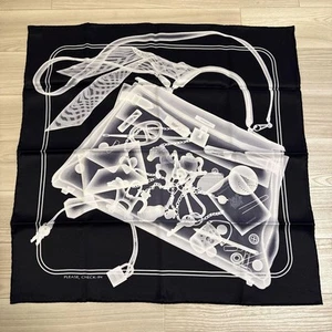 Hermes Carre 70 Silk Scarf Black Check-In Set in Box Used - Picture 1 of 7