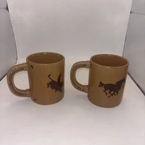 (2) MUGS Western Cowboy Bronco Rodeo Bull Rider Rope Look Handle Bronco Horse - Picture 1 of 9