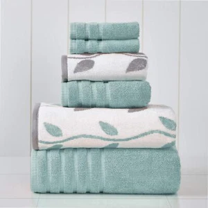 Pacific Coast Textiles 6 Pc Yarn Dyed Towel Organic Vines Aqua 6-Piece - Picture 1 of 5