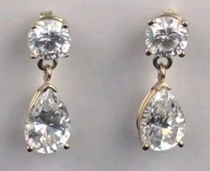 Aretes colgantes redondos en forma de pera de oro amarillo de 14k circonita cúbica de 3/4" DQ vintage - Imagen 1 de 7