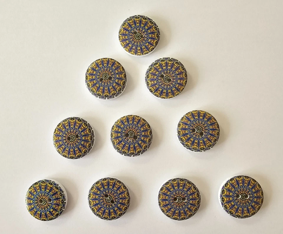 10 Blue, Green Yellow Kaleidoscope Effect Pattern Round Buttons Size 20mm - Image 1 of 1