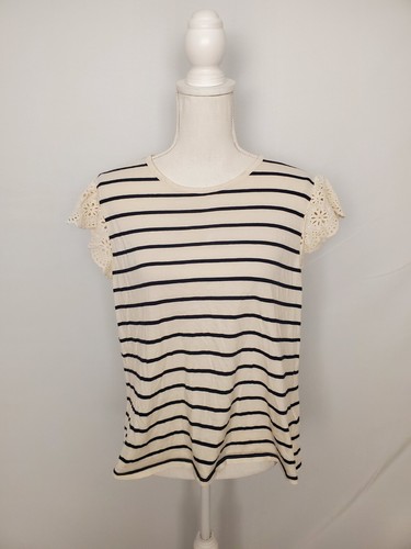 OFF WHITE Top a righe Lauren Ralph Lauren bianco sporco e nero maniche all'uncinetto donna grande.