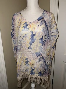 Chico's 100% Linen Beach Coverup Tassels Kimono Colorful Top Size Small/Medium - Picture 1 of 8