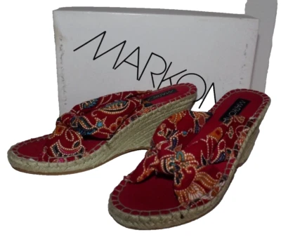 Zapato alpargata Markon para mujer 8,5 M Glynnis rojo estampado cachemira tela tacón de yute Foto 1 de 4