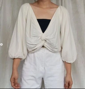 Zara Ivory Twist Front Linen Blend 3/4 Puff Sleeve Blouse size XXL - Picture 1 of 5