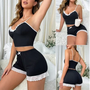 Women’s Sleepwear Set Soft Lingerie Lace Crop Tank Top Shorts Lounge Pajama Set - Picture 1 of 10