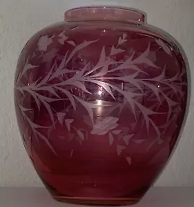 Vintage 1960's Large Cranberry Glass Cut to Clear Etched Flower Bowl Vase 9” - Picture 1 of 10