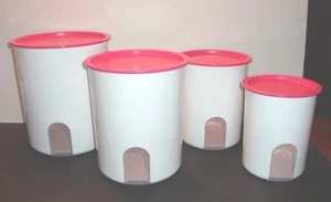 Juego de 4 botes recordatorios Tupperware con sellos rosados punzón de un toque difícil de encontrar nuevo - Imagen 1 de 1