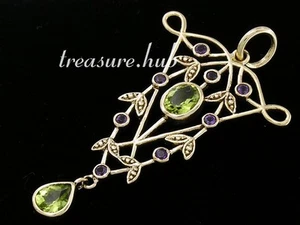 Colgante de amatista y peridoto natural genuino de 9k 9ct oro amarillo de 9 quilates estilo vintage - Imagen 1 de 4