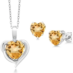 925 Sterling Silver Citrine and Diamond Pendant Necklace Earrings Set For Women - Picture 1 of 3
