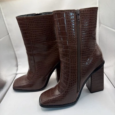 Public Desire  Square Toe Croc Chunky Heeled Brown Boots Size 7.5 - Image 1 of 4