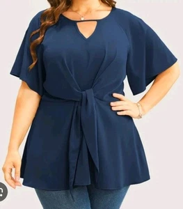 BloomChic Womens 12 Large Blue Top Keyhole Knotted Front Ruffle Sleeve NWT - Picture 1 of 10