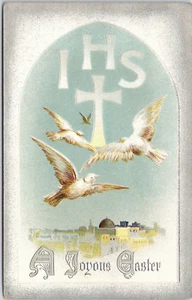 A Joyous Easter Religious Postcard Doves Bethlehem Cross Vintage - Picture 1 of 2