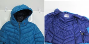 Xersion Packable Premium Down Puffer Jacket Womens Medium Hooded Blue Purple Pin - Picture 1 of 21