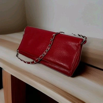 Vintage Purse Cherry Red Patten Leather Evening Silver Chain Fold Over 9"x4x3 - Image 1 of 4
