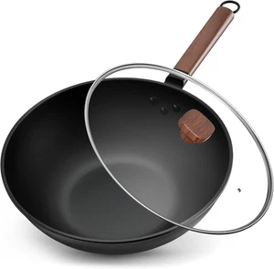 33Cm/5,6L Wok Antiaderente in Acciaio Al Carbonio Con Coperchio - Padelle Senza - Foto 1 di 12