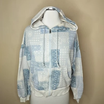 Lucky Brand Zip Up Hoodie Small Women's Patchwork Floral Paisley Hooded Blue - Image 1 of 4