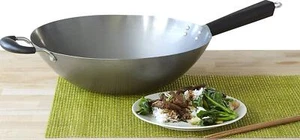 Wok 14 pulgadas de acero al carbono comida asiática cocina salteado mango mango Stay-Cool plateado - Imagen 1 de 7
