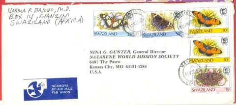 Swaziland Topic Butterfly 5 stamp used on cover to USA Cover