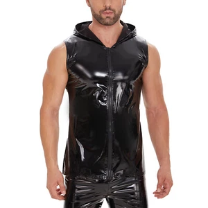 Men's Nightclub Stage Outfit Vest with Shiny Leather Hooded Sleeveless Vest - Picture 1 of 7