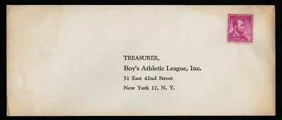 US 1958 #1058 - 4c Abraham Lincoln on #9 Cover Boy's Athletic League NY Unused - Image 1 of 2