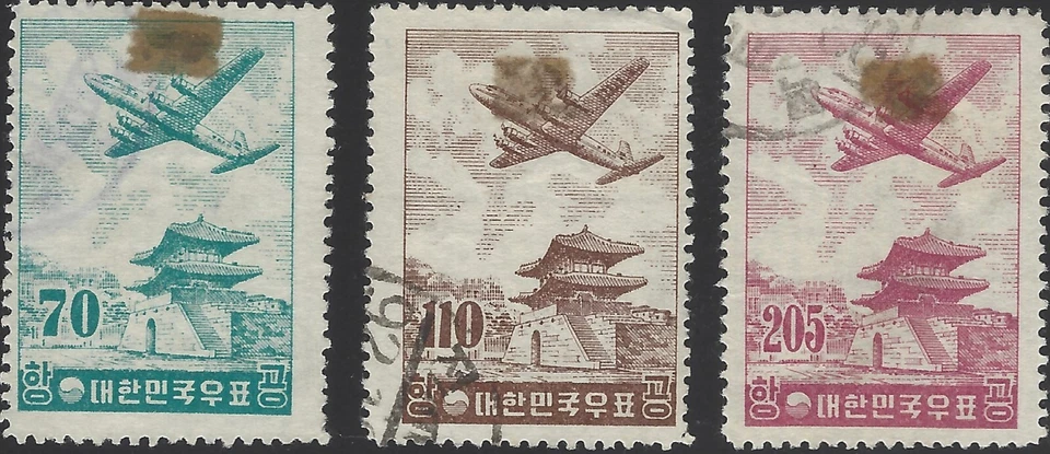 Juego de 3 estampillas de correo aéreo finas de 1956 Korea Scott #C17-C19 como nuevas montadas Foto 1 de 1