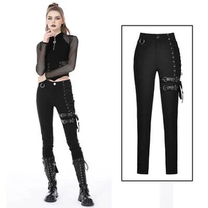DARK IN LOVE Outsider Pants Gothic Hose Schwarz Stretch Schnallen Geschnürt PUNK - Picture 1 of 11