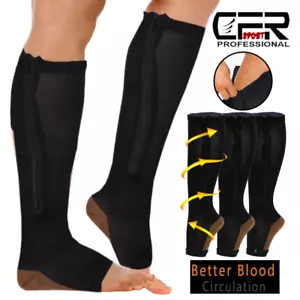 Copper Open Toe Compression Socks Zipper Leg Calf Ankle Support Men Women Foot - Picture 1 of 20