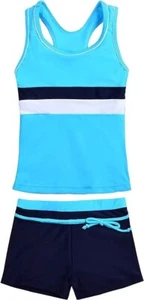 Girls Swimsuit 2 PC Boyshort & Tankini, 12-13 Years Tag Sz 4XL, Blue Colorblock - Picture 1 of 3