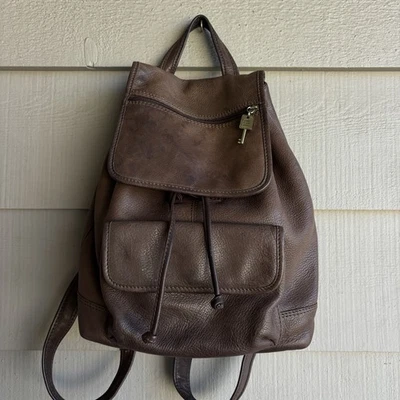 Fossil 75082 Brown Leather Backpack Drawstring Flap Pocket Bag Vintage - Image 1 of 4