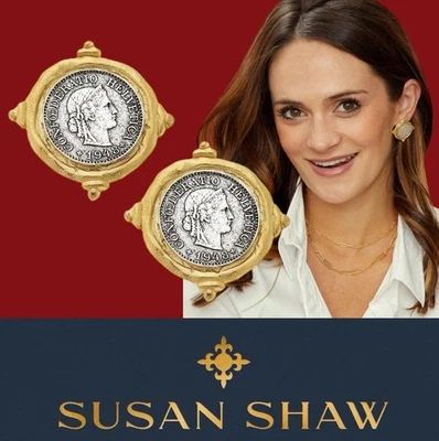 Pendientes Susan Shaw Mezcla Metal Francés Franco Moneda Tachuelas 24K TPG Joyería Foto 1 de 4