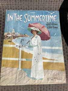 Vtg Sheet Music In The Summertime 1911 Woman Parasol Seaside Strong Colors - Picture 1 of 6