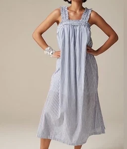 NWT J. Crew Blue White Cotton Voile Ruffle  Stripe Midi Dress XL $138 - Picture 1 of 12