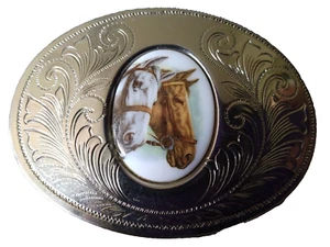 Belt Buckle Western  Horse Heads On Porcelain  - Picture 1 of 3